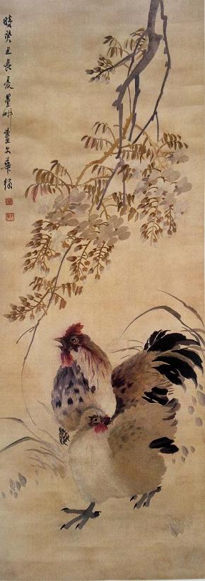 薛文華繡紫藤雙雞圖(軸),民國(guó)時(shí)期蘇繡,民國(guó)織繡精品,華喦